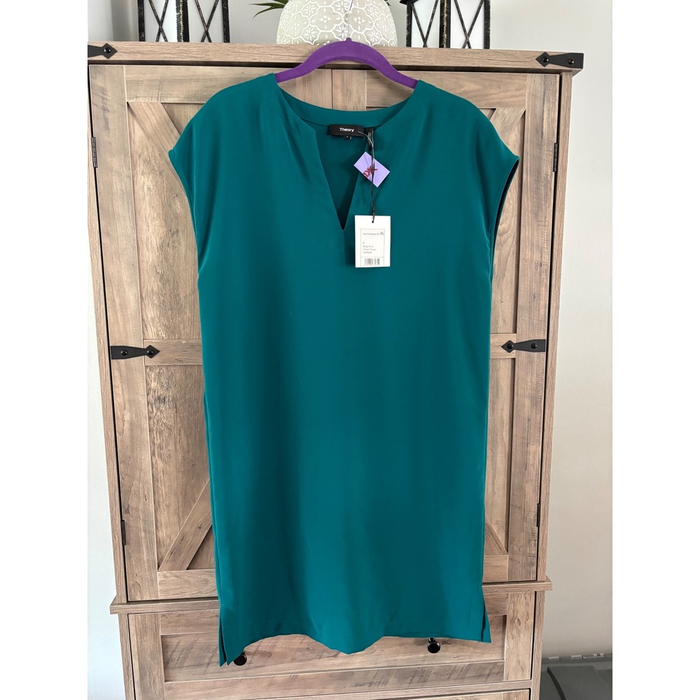 Theory Saturnia N Urban Crepe V-Neck Shift Dress Deep Pine Teal Green Size P NWT